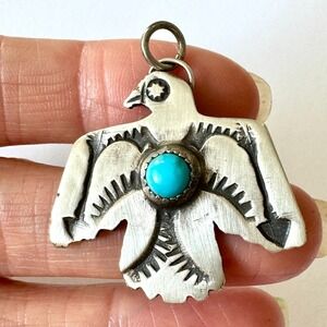 Navajo Thunderbird Pendant Turquoise 1.5in Signed Yazzie Stamped Matte Sterling